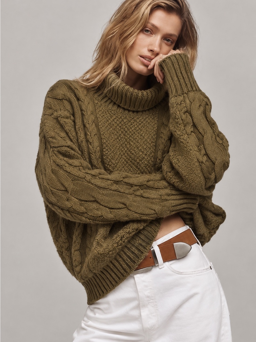 Madewell Olive Cable Knit Turtleneck Old Money Sweater Sz Med